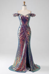 Glitzernde Meerjungfrau schulterfreies lila Ballkleid mit Schlitz